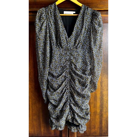 Ruched Minidress M Black Floral V-Neck Puff Sleeve Party Cocktail - Picture 2 of 6